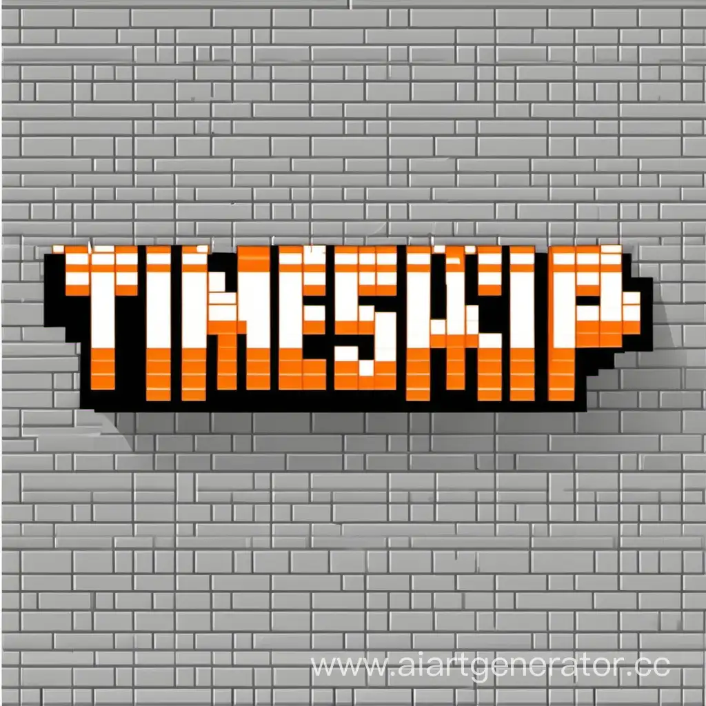 Text "TimeSkip" in the style of Minecraft in orange and white color