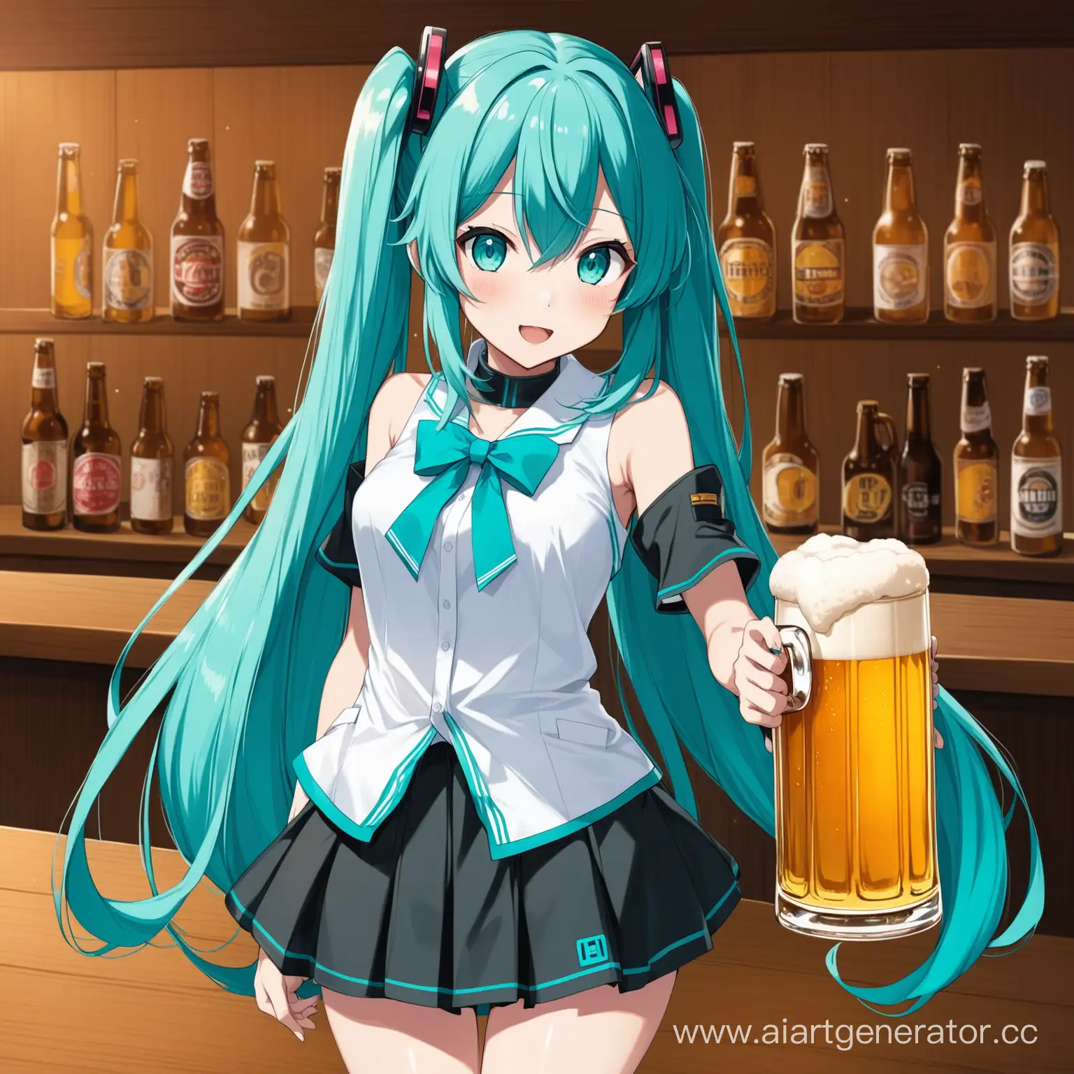 hatsune miku stands next to a beer that is much bigger than her