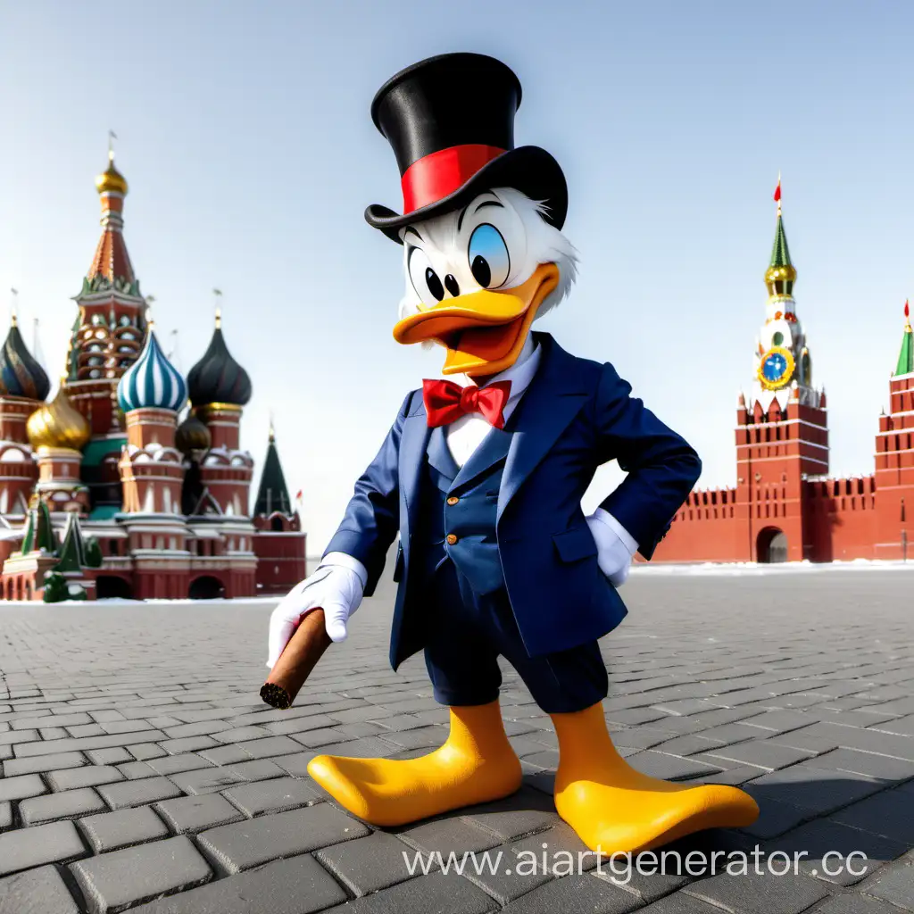 Скрудж МакДак в пиджаке стоит на фоне Кремля с сигарой
