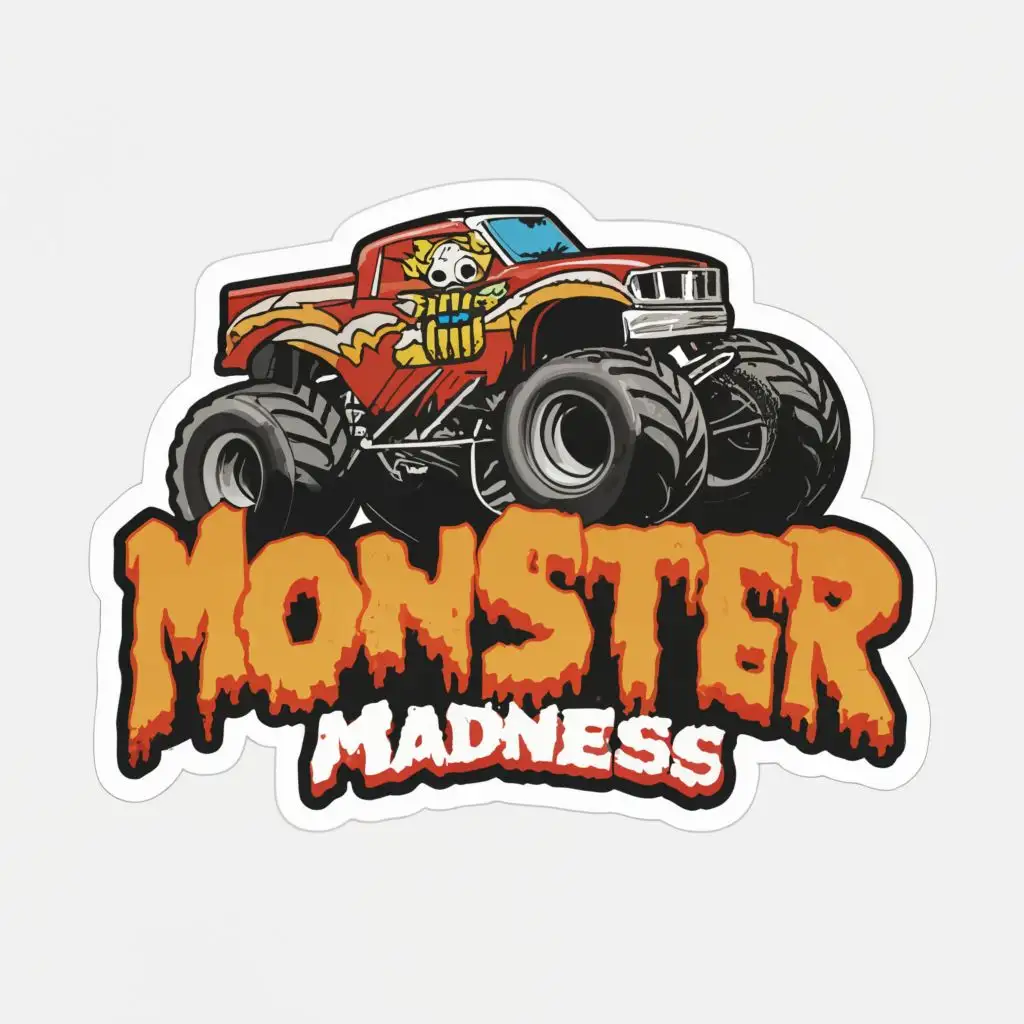 logo, monster trucks, Sticker, Festive, Textured, Disney Pixar, Contour, Vector, White Background, Detailed, with the text "Monster Madness", typography