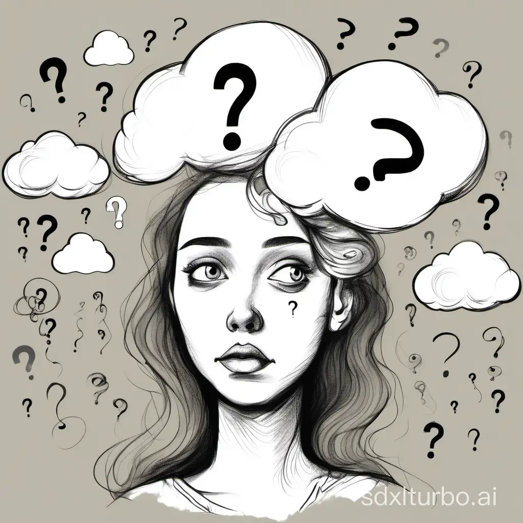 sketch female, larg-eyed, resting her chin in her hand with question marks and clouds ariund her head