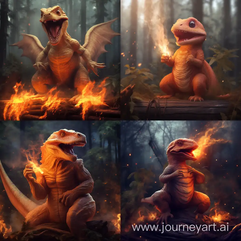 realistic charmander breathing fire onto a stack of wood in a forest, blowing smoke everywhere.