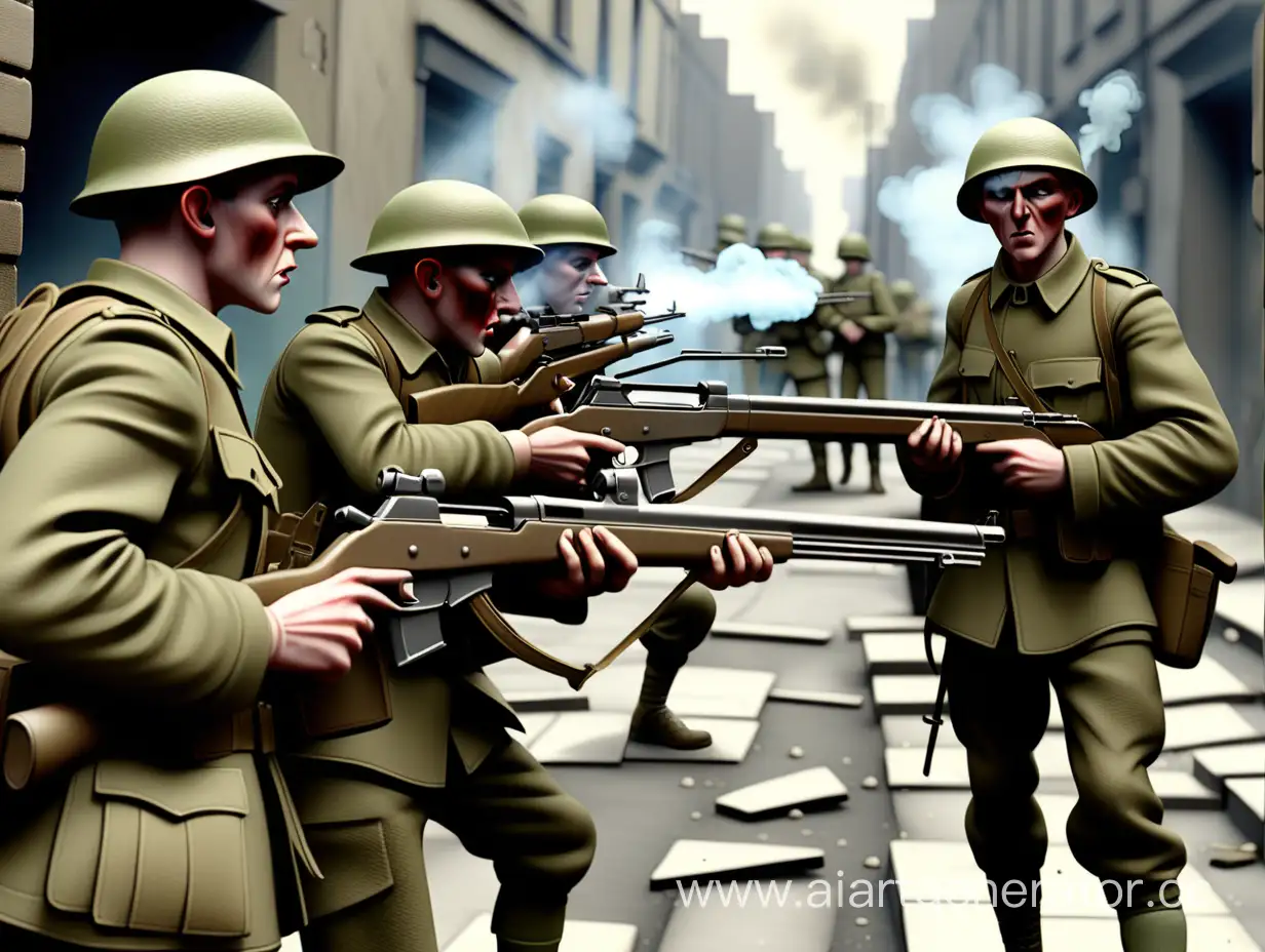 hands of IRA soldiers with Rifles on the a bit smoked street. they're aiming at a target that's outside the picture, a side view of the soldiers. Color, 1921