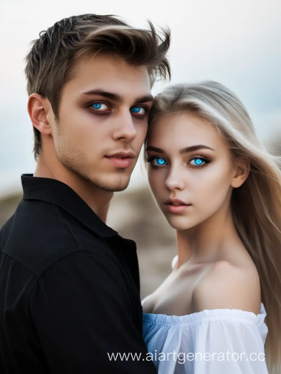 Romantic-Encounter-Sunburnt-Young-Man-and-Blonde-Woman-in-Contrasting-Attire
