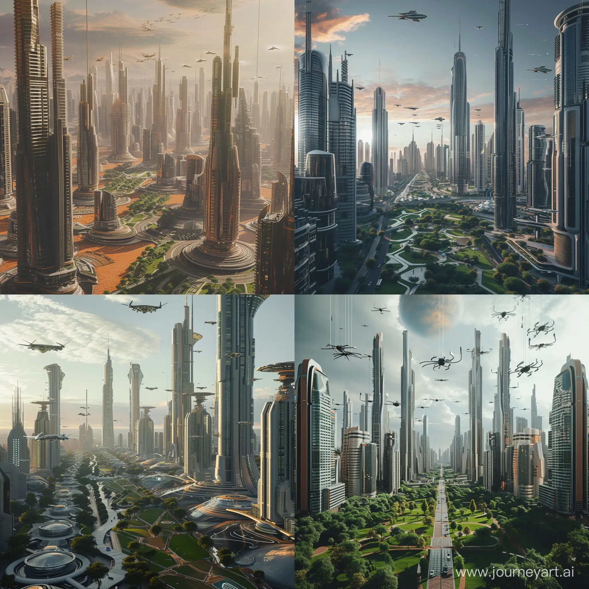 реалистичное фото города будущего на планете марс, очень высокие здания, с парками на разных высотах, летающие машины