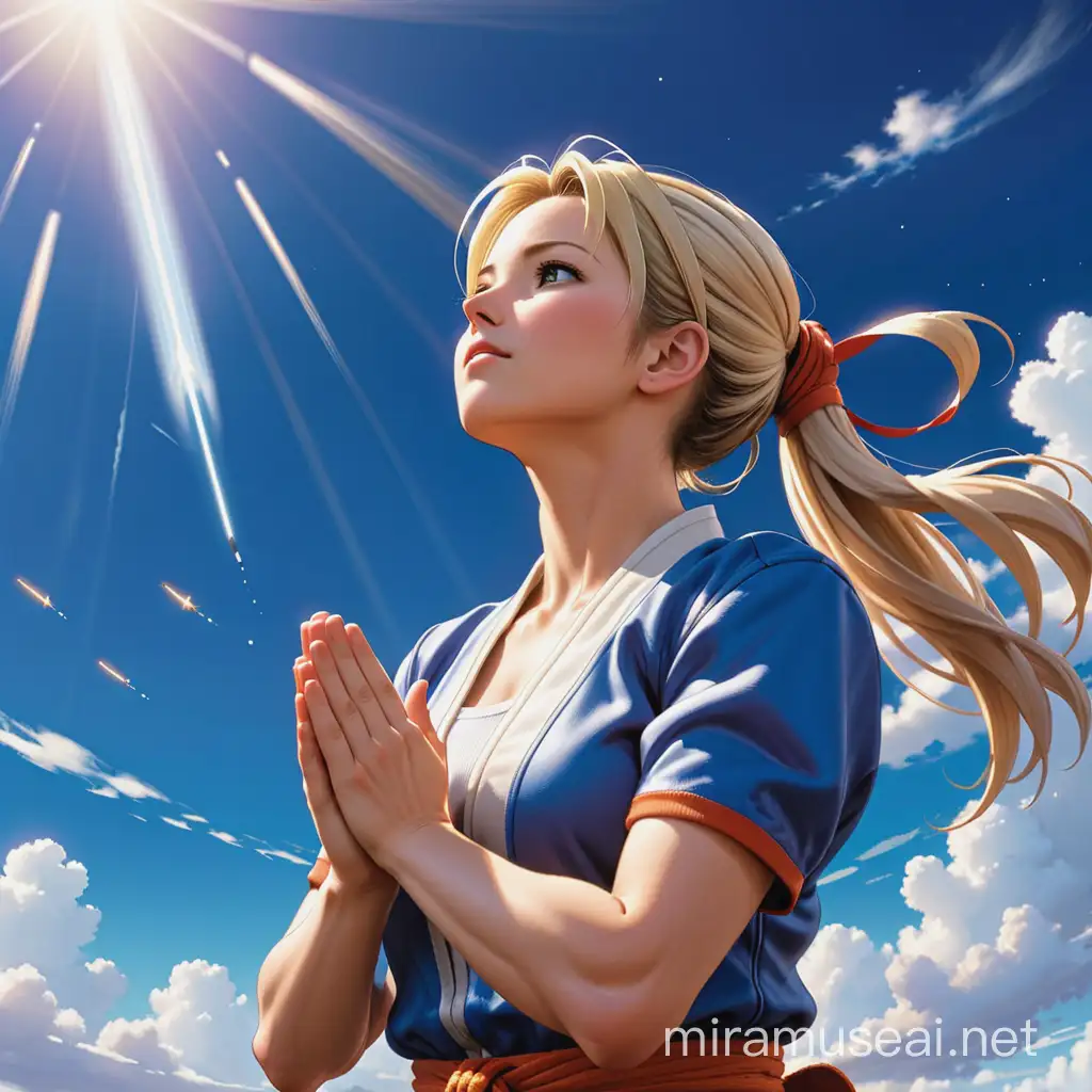 Sarah Bryant de virtua fighter priant le ciel,  regardant vers le ciel, affichant de l'espoir, ému, style manga 3D