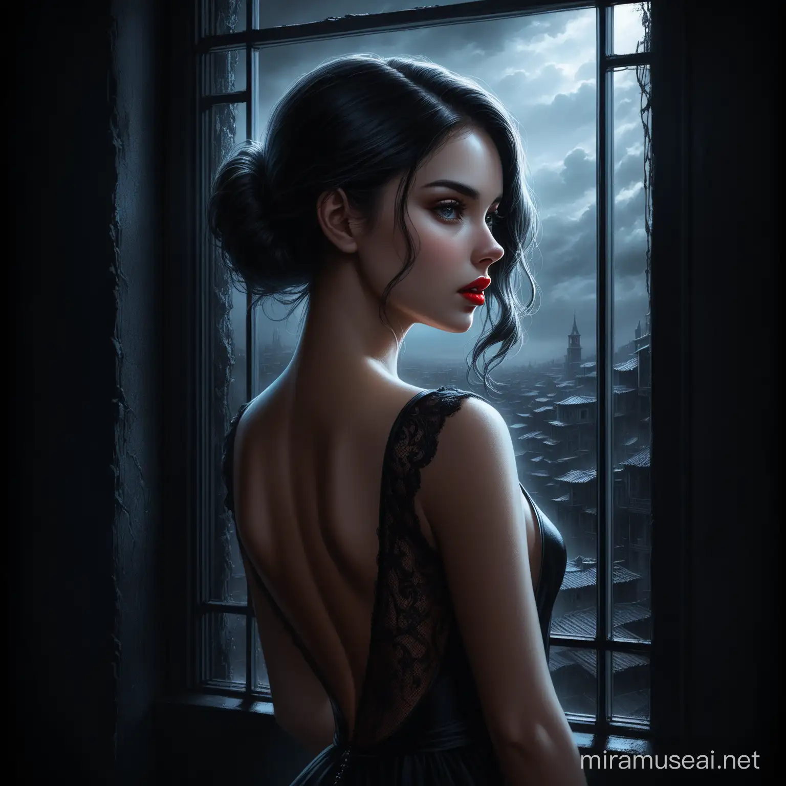  Aivision, neon colors, portrait of a beautiful girl with a dramatic expression holding ,full red lips, she is wearing dress Exposed back in black color , she looks out the window anxiously , dramatic atmosphere , dark and gloomy environment , image realistic , Extremely detailed , intricate , beautiful , fantastic view , elegant , crispy quality Federico Bebber's expressive 