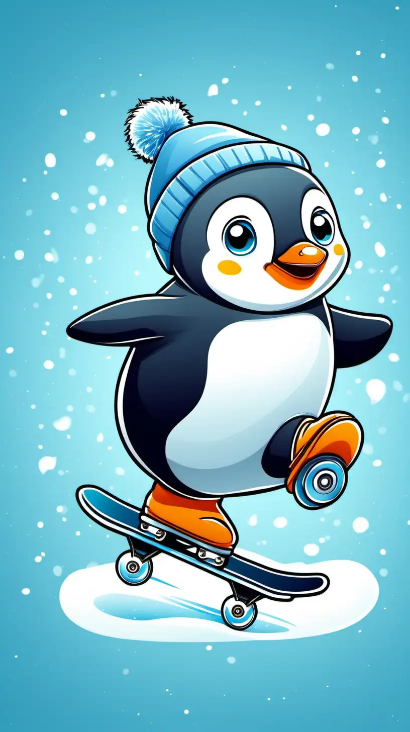 Cartoon Baby Penguin Ice Skating on a Clear Light Blue Background