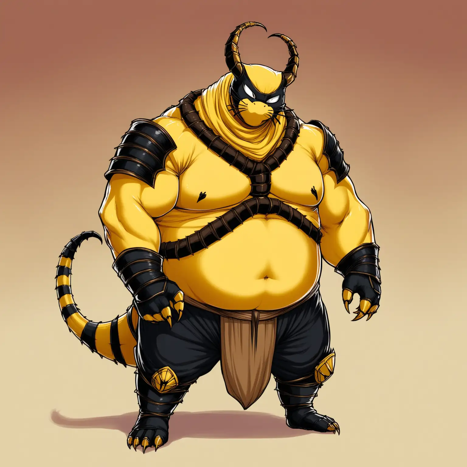 Mordenkainen the cat blonde fat catman warrior dressed as scorpion from mortal combat