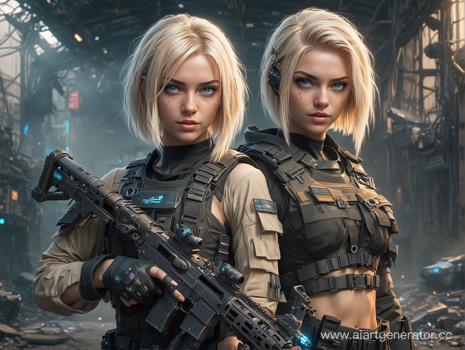 Голубоглазая блондинка с каре стриммер на твиче в военной форме в стиле киберпанк с оружием в Post-apocalyptic 