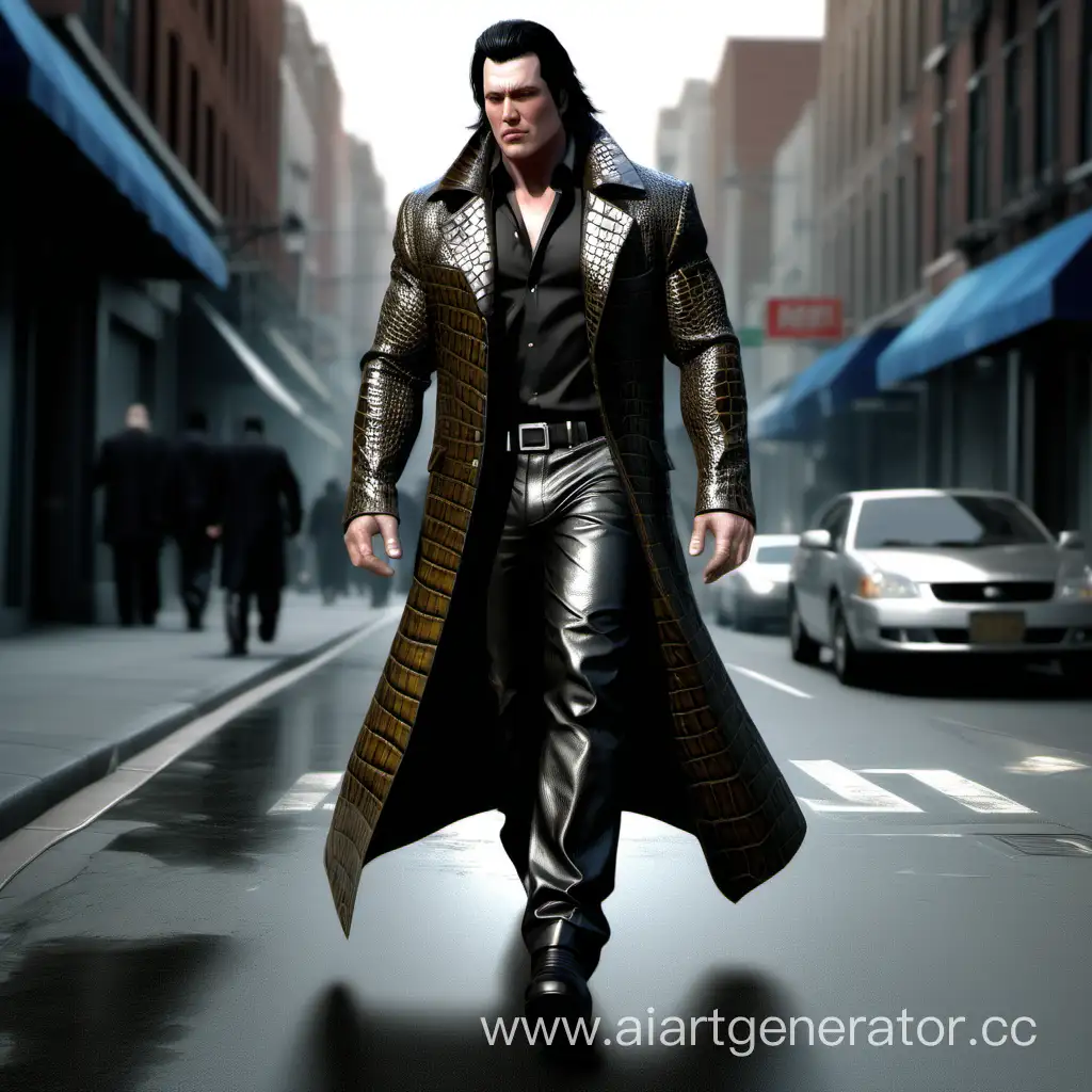 
A big brutal man with straight black hair , dressed in a long crocodile skin coat!!!! and leather pants !!!! He 's walking down the street , his boots are visible !!!!!! the front color,, is inspired by Daniel Convoy, Matt Allsoppmkj ,((masterpiece)), ((beste-Qualit)) , higly detailed,, highest detail, ah high_Detail, coloration, beutiful, HDR, Photorealistic,