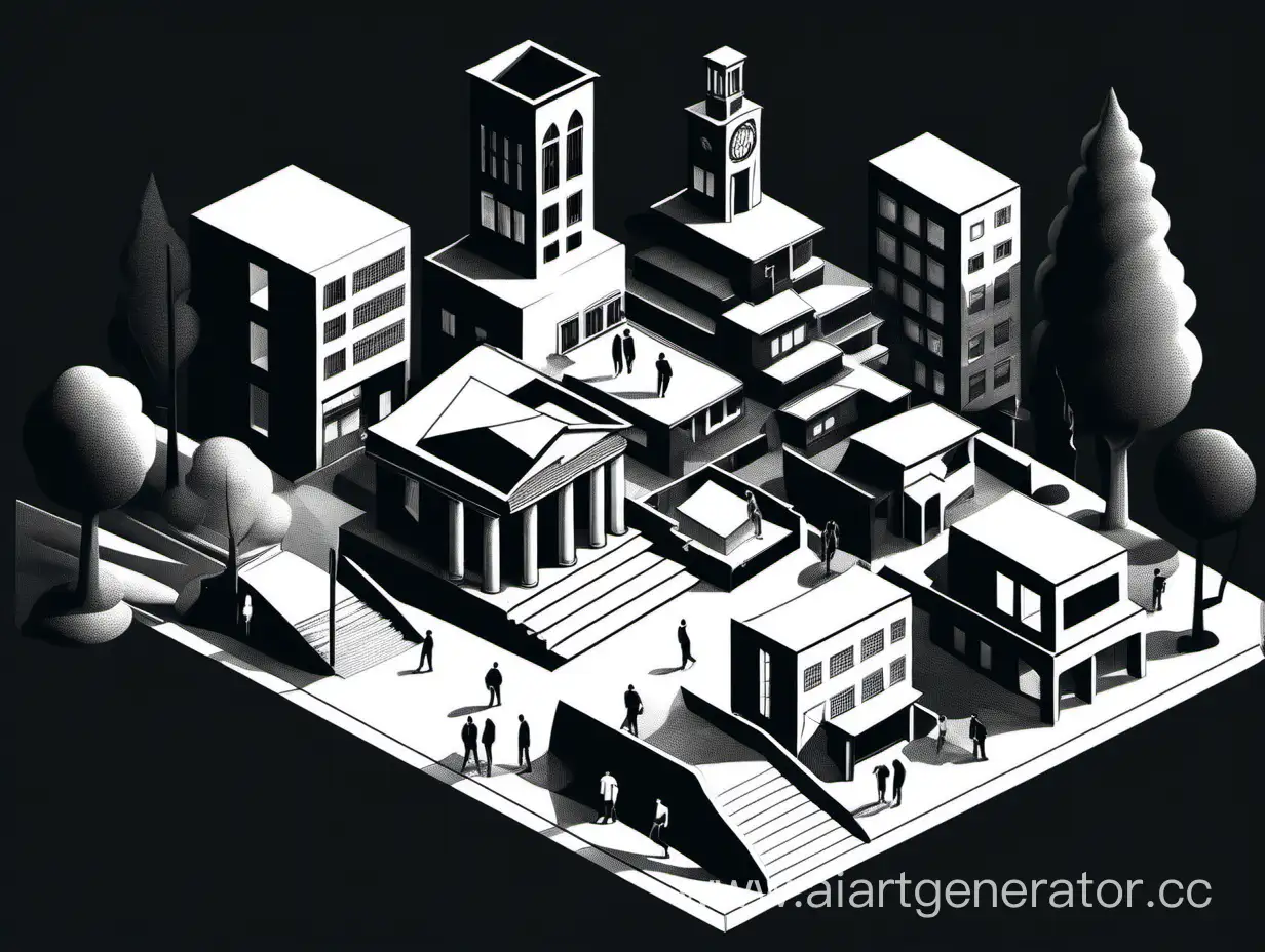 Stages of university life. Simple monochromatic illustration. Black and white. Minimalist art. Minimal details. Modern illustration. Isometric art. Landscape image. dark mode.