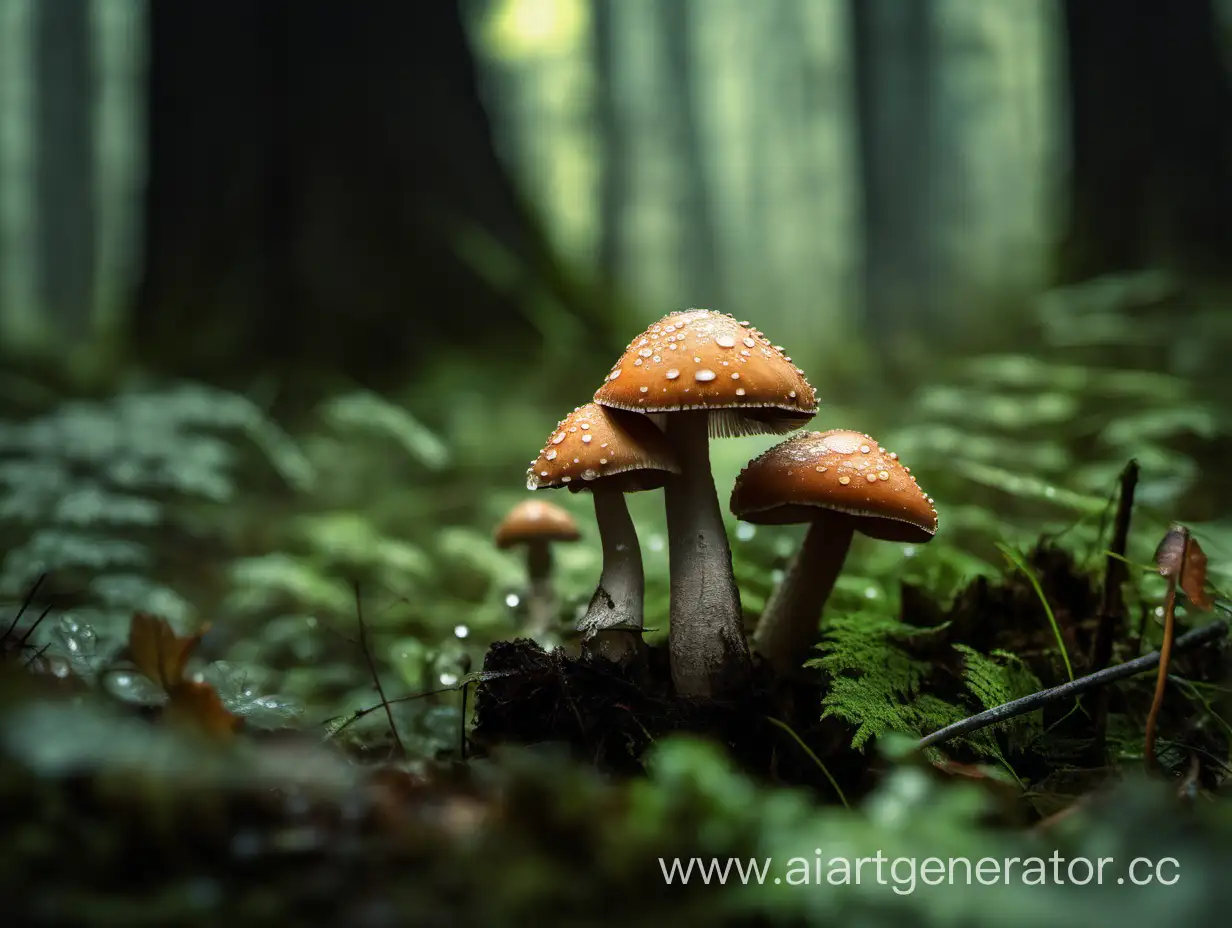 Enchanting-Forest-Scene-Mushrooms-Amidst-Mystique-and-Dew