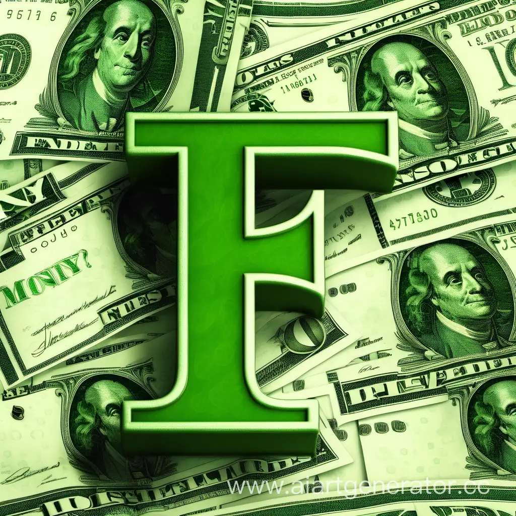 the letter F in green tones, on the background of money