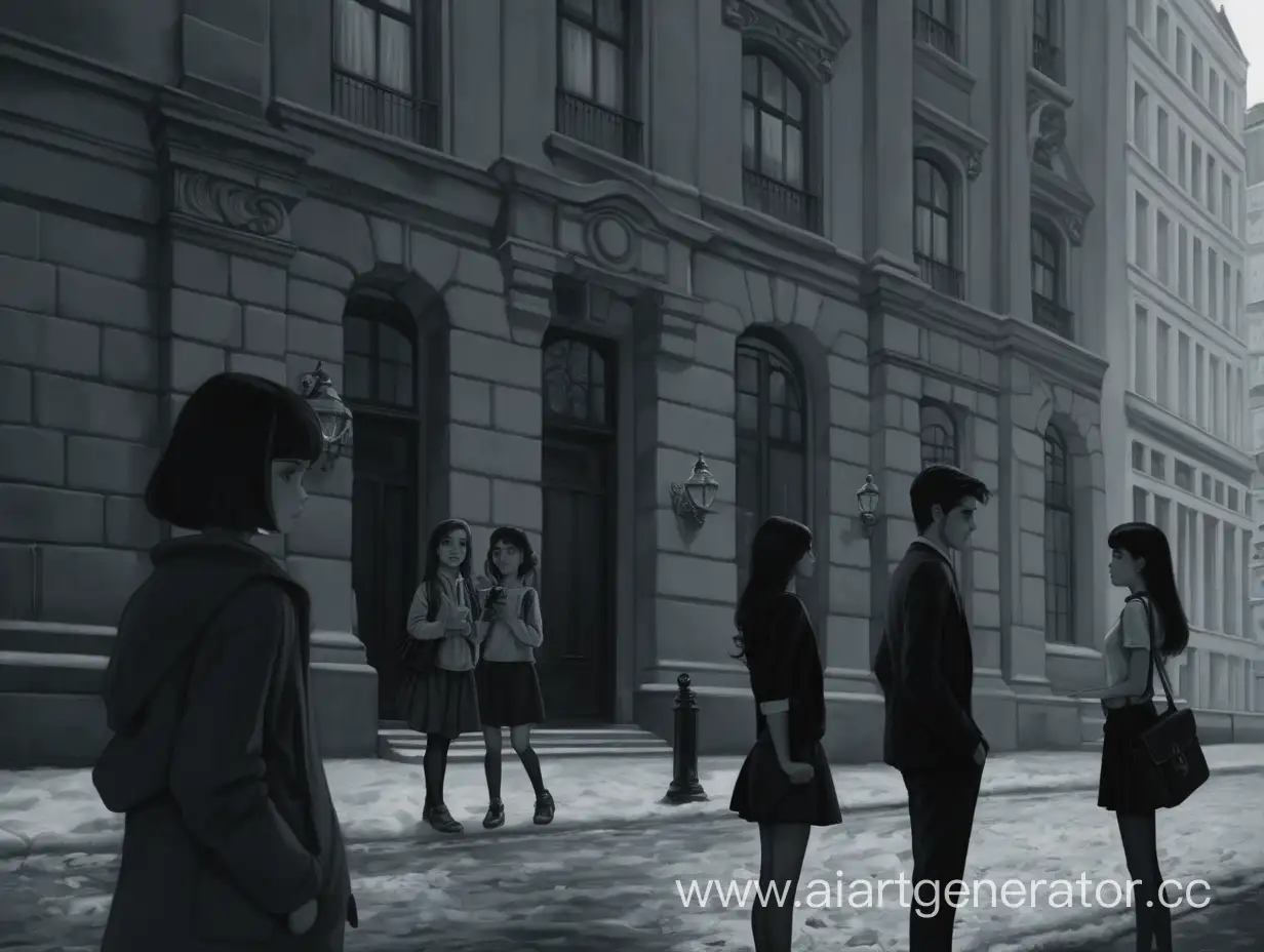 Темноволосая девушка подходит к здание возле которого стоит парень и 2 девушки разговаривая 