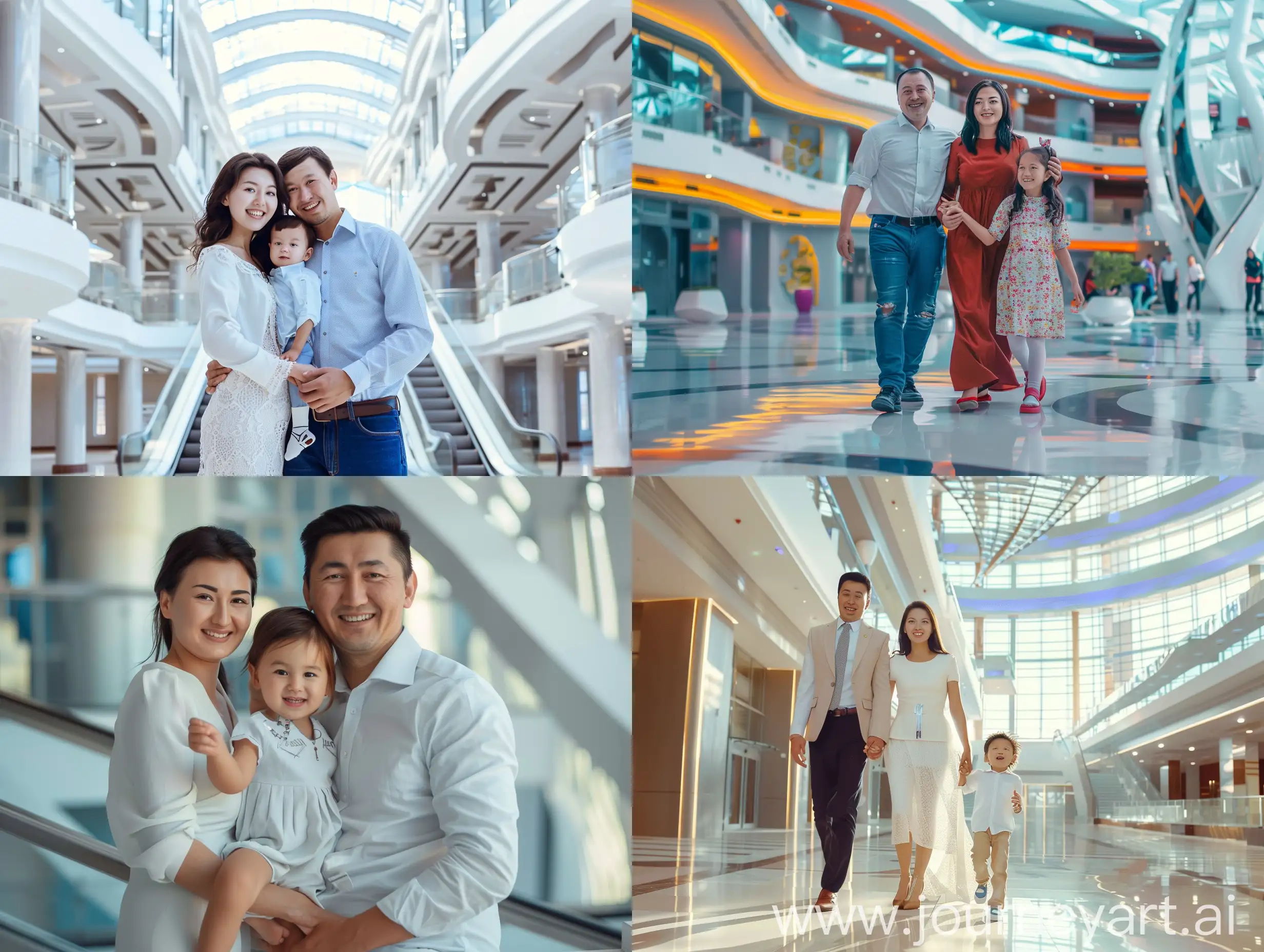 make me a picture of happy kazakh family in modern and high tech building in shymkent