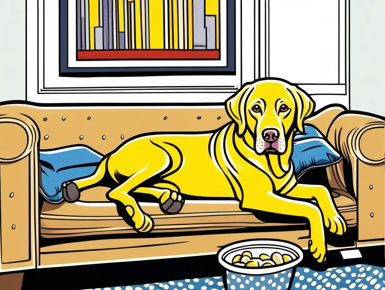 a cartoon character yellow labrador retriever laying on a couch, without collar, in a cozy living room, vibrant color, white background, in the combination style of Roy Lichtenstein 