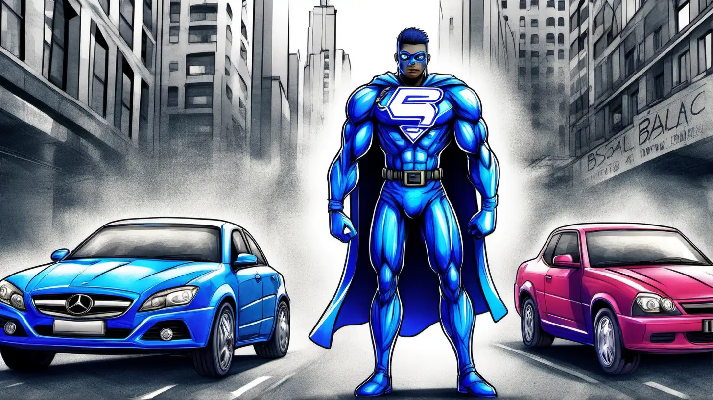 draw a blue superhero named BASLAC. He spray-paints cars, has a logo BL on his chest