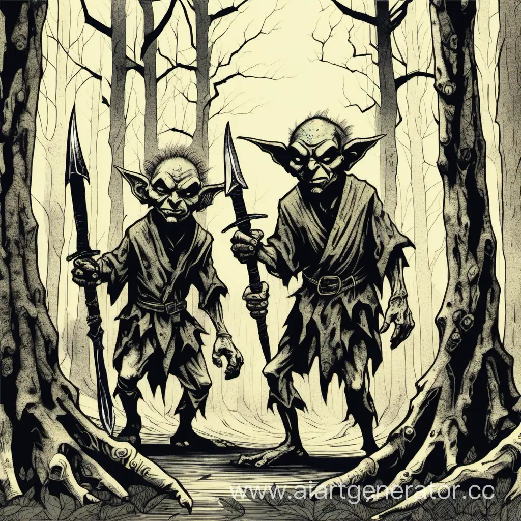 Two goblins with short and old daggers in forest with black trees
