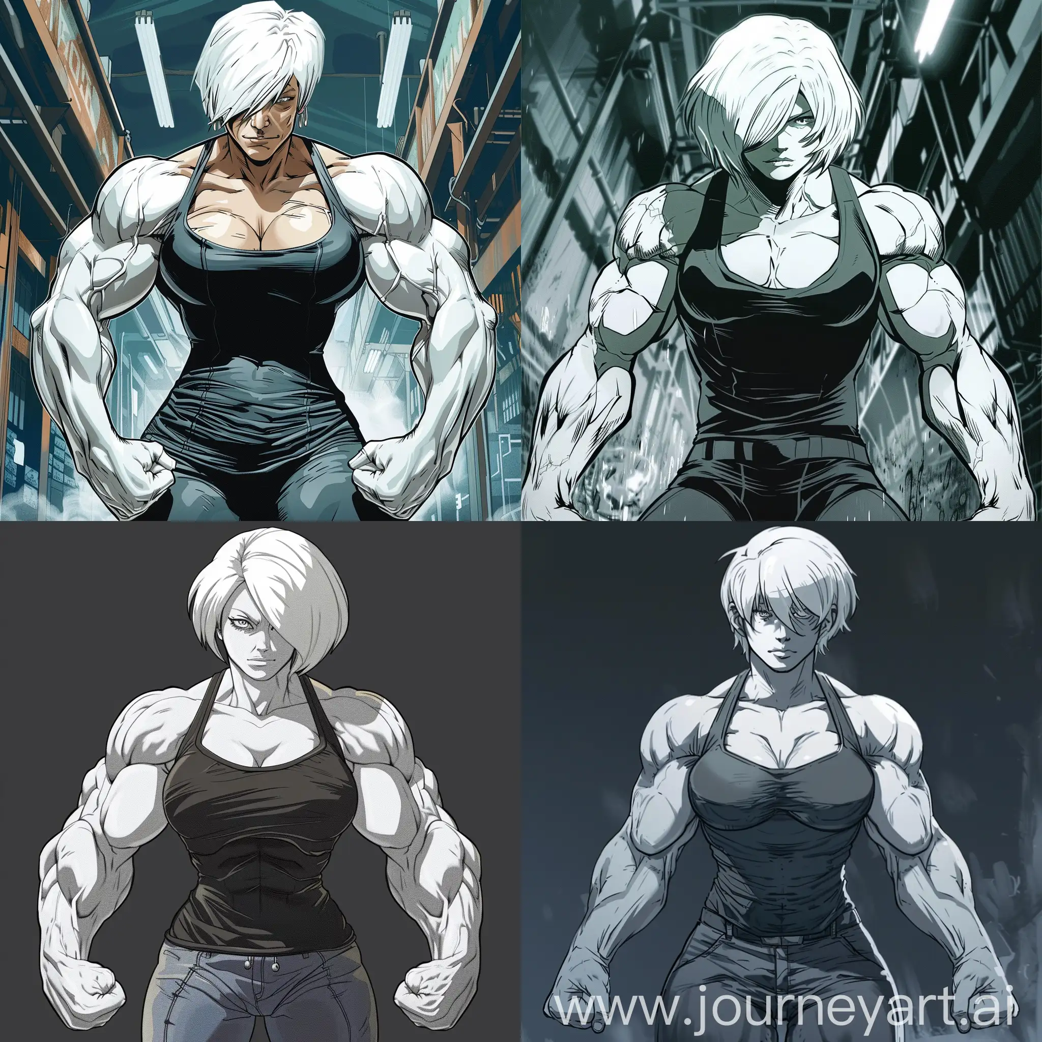 An image in comix style of a bulky muscular woman with strong arms pure very white skin androgynous looking, full body pose, with short white hair that hide her face.