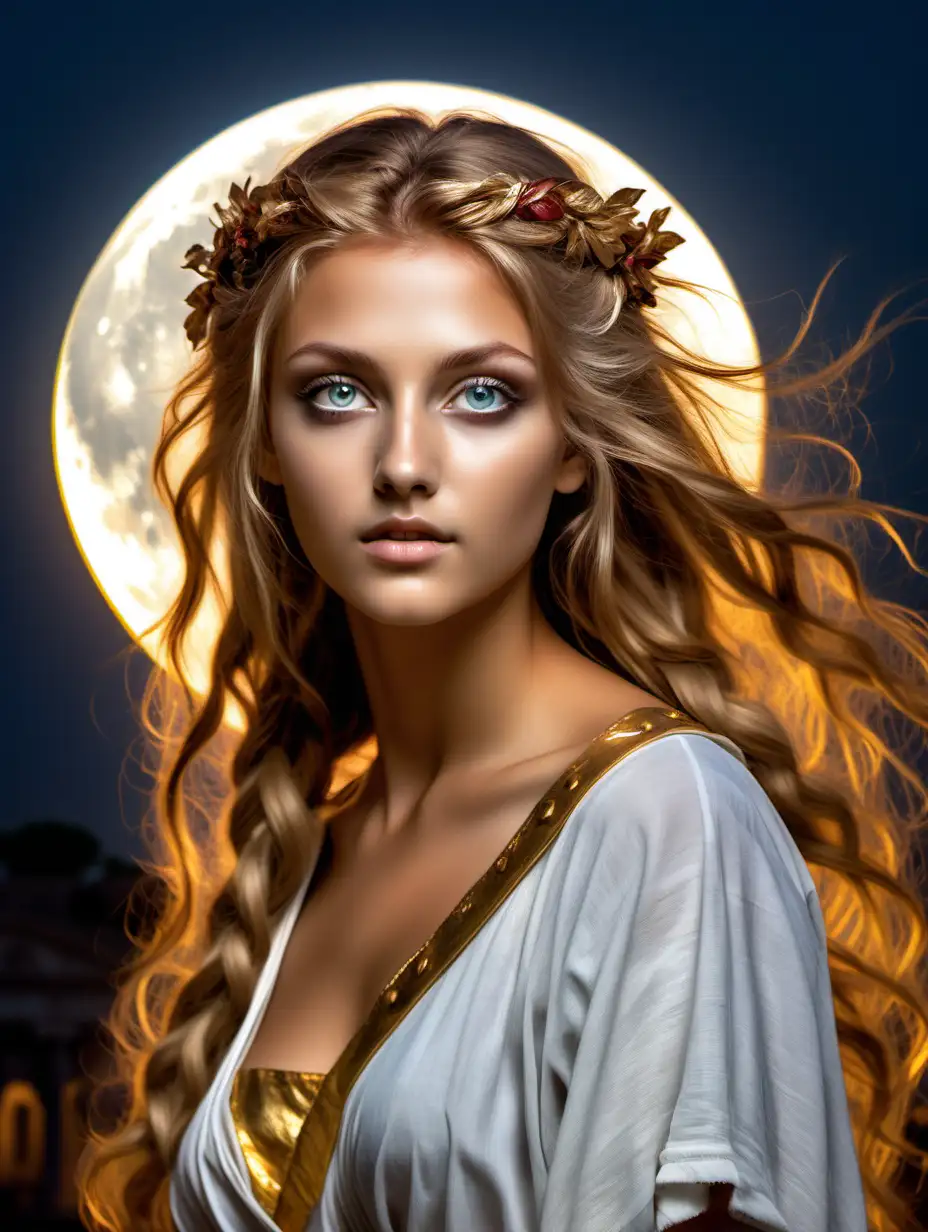 Full body of a girl,a maiden of legendary beauty, rich, golden hair with multicolored highlights. Impressive eyes, through gentleness and peace, the lack of make-up, highlights the natural beauty of a maiden who does not need anything to enhance her beauty. Tanned skin is matte, without shine. Splendid gray color eyes. All in a huge full moon in the great colliseum of antic roma . The graphic quality is of a professional