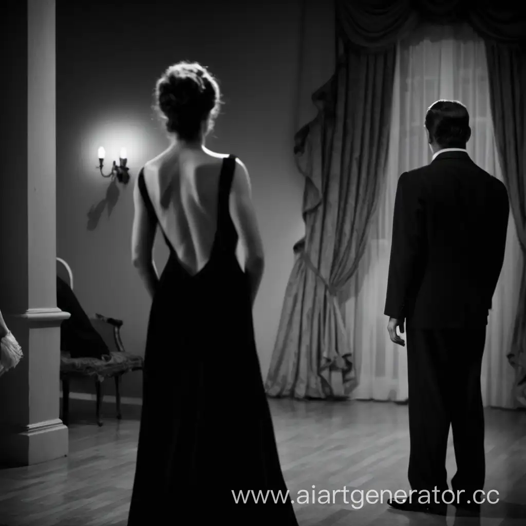 мужчина стоит спиной. За ним прячется женщина в вечернем платье
