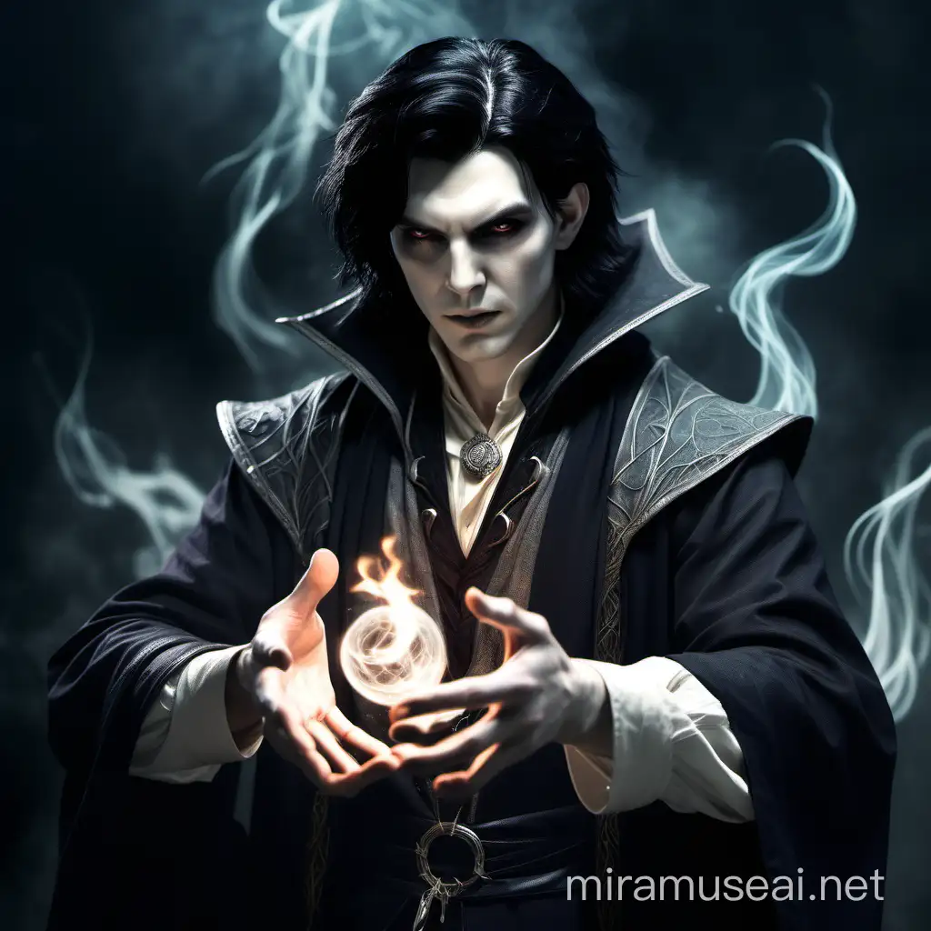 A male dhampir warlock, black hair, pale skin, casting a spell, realistic 