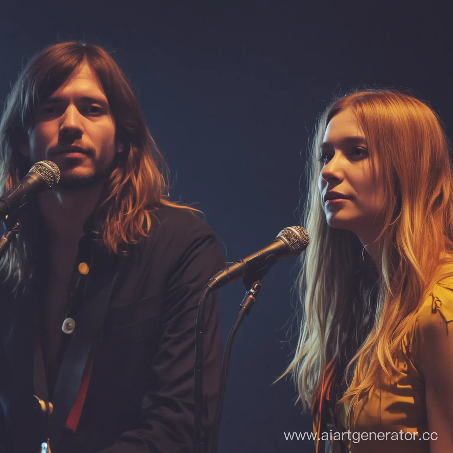 Perfomance of 2 members of music band "Still corners" man and woman with dark blue background and red, yellow, brown atmosphere