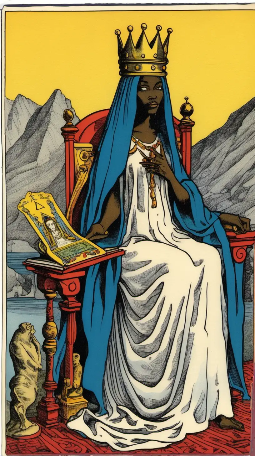 A Jodorowsky-Camoin Tarot of Marseilles card holding the number 2 on its upper left top, shows a black  high priestess sitting on a throne with her crown, dressed in white, she is looking to the moon while holding a wand in one hand and a blue open book in the other hand, there is a little parchment roll entering her mouth, she has no hair, there is a sea of flies below her feet and a mountain ridge on the background