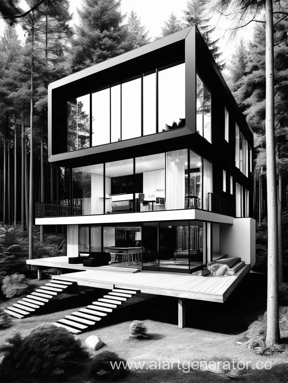 manga style, simple style,  high-tech modern house in the forest black and white 