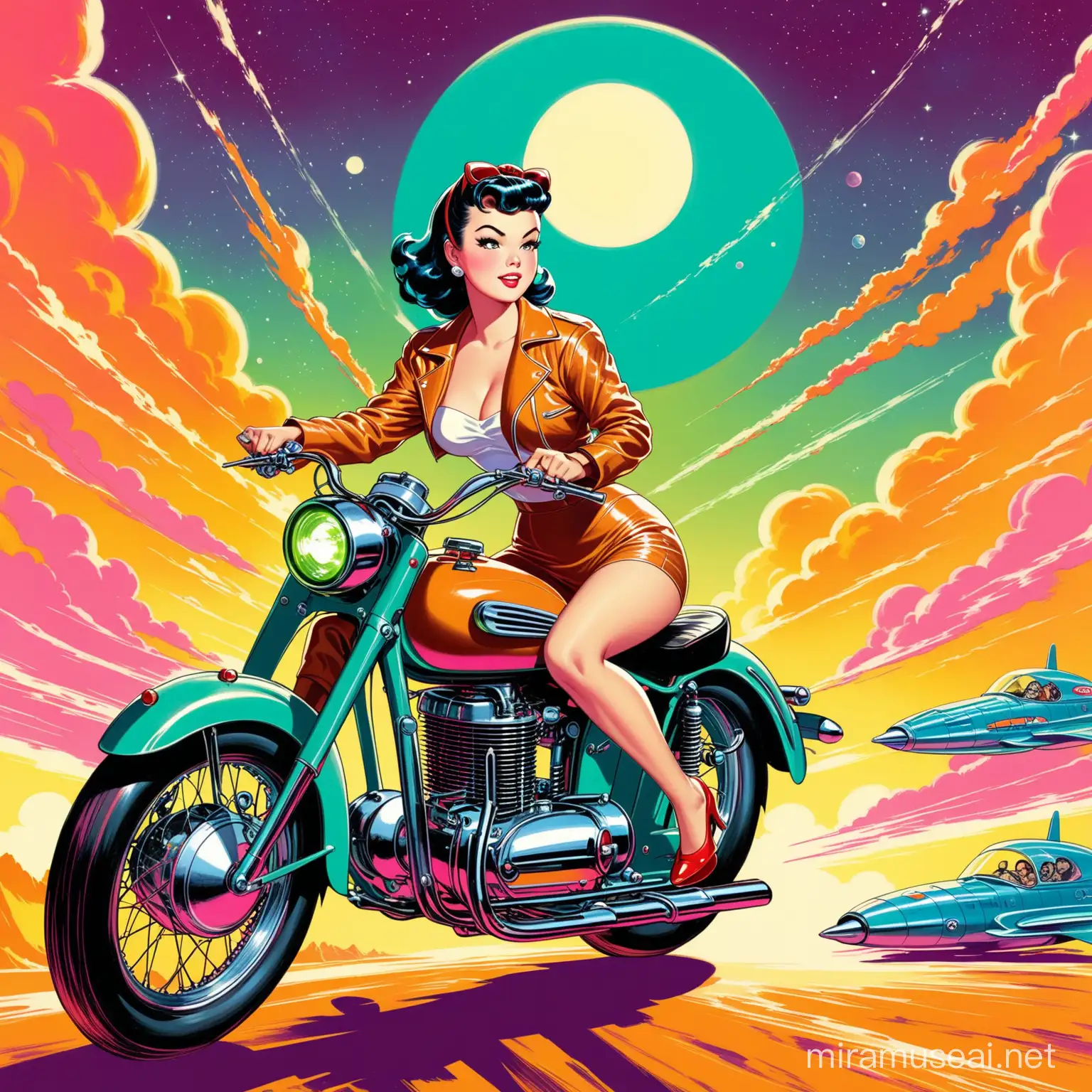 real face jay chou wear lether jacket driving motorcycle dramatic style of 1950s & 1960s vintage sci-fi illustrations, Paint them in the flat colorful style of Gil Elvgren and other colorful pin up sci-fi artists of the 1950s,