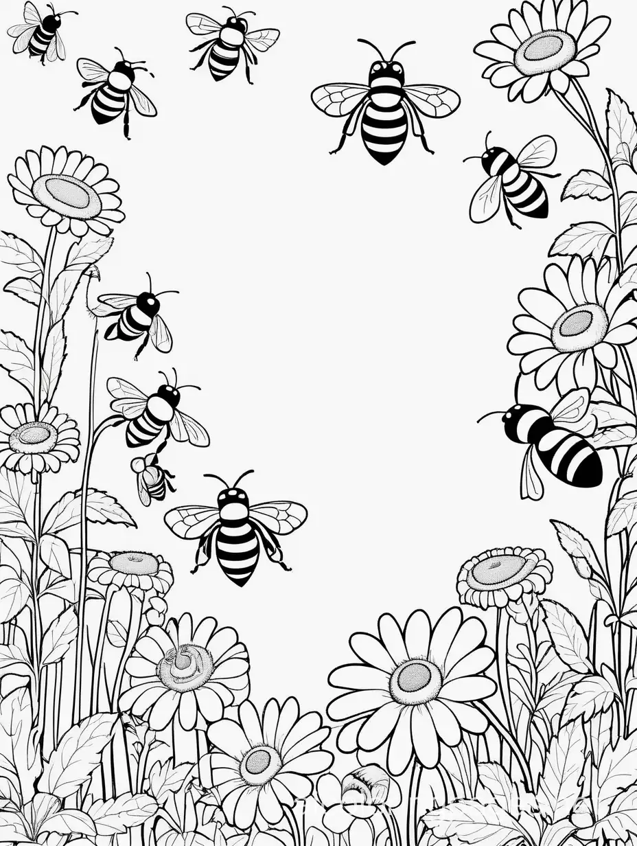 bees  in the garden, Coloring Page, black and white, line art, white background, Simplicity, Ample White Space. The background of the coloring page is plain white to make it easy for young children to color within the lines. The outlines of all the subjects are easy to distinguish, making it simple for kids to color without too much difficulty