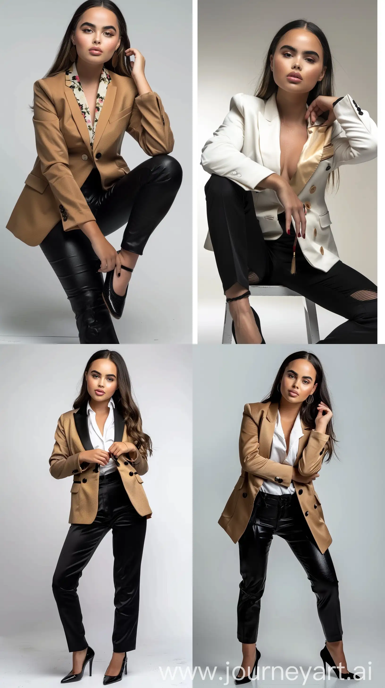 An elegant woman wearing a color #CAB8A1 blazer in a photo shoot with black shoes, white background, and natural lighting --cref https://cdn.discordapp.com/attachments/997271750368833636/1222271417341448372/expert_upscayl_4x_realesrgan-x4plus.png?ex=66159bf6&is=660326f6&hm=fd529ad60032841a143c643f35d7df741f1871c8aab34df177eaea3bf4865b9c& --sref https://i.pinimg.com/564x/5c/d7/10/5cd710f20f2097b51c68f5c6b240648d.jpg --style raw --ar 9:16 --v 6 --cw 0