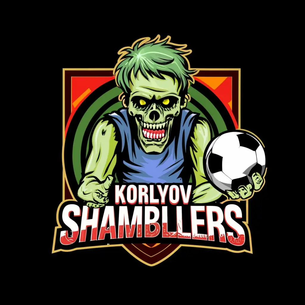 logo, A zombie with a soccer ball, with the text "Korolyov Shamblers", typography, be used in Sports Fitness industry