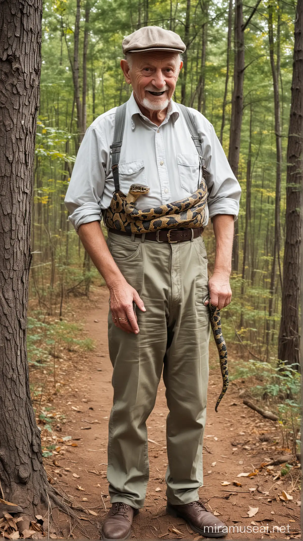 смешная  картинка дед в лесу, в кармане брюк змея