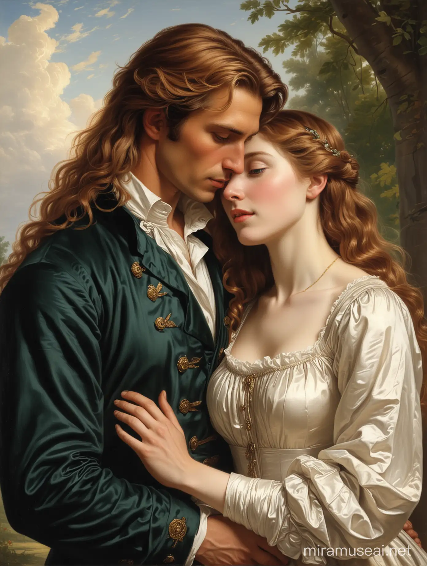 

hombre noble de cabello largo y castaño, tez blanca; junto a una hermosa mujer abrazados. De 1840