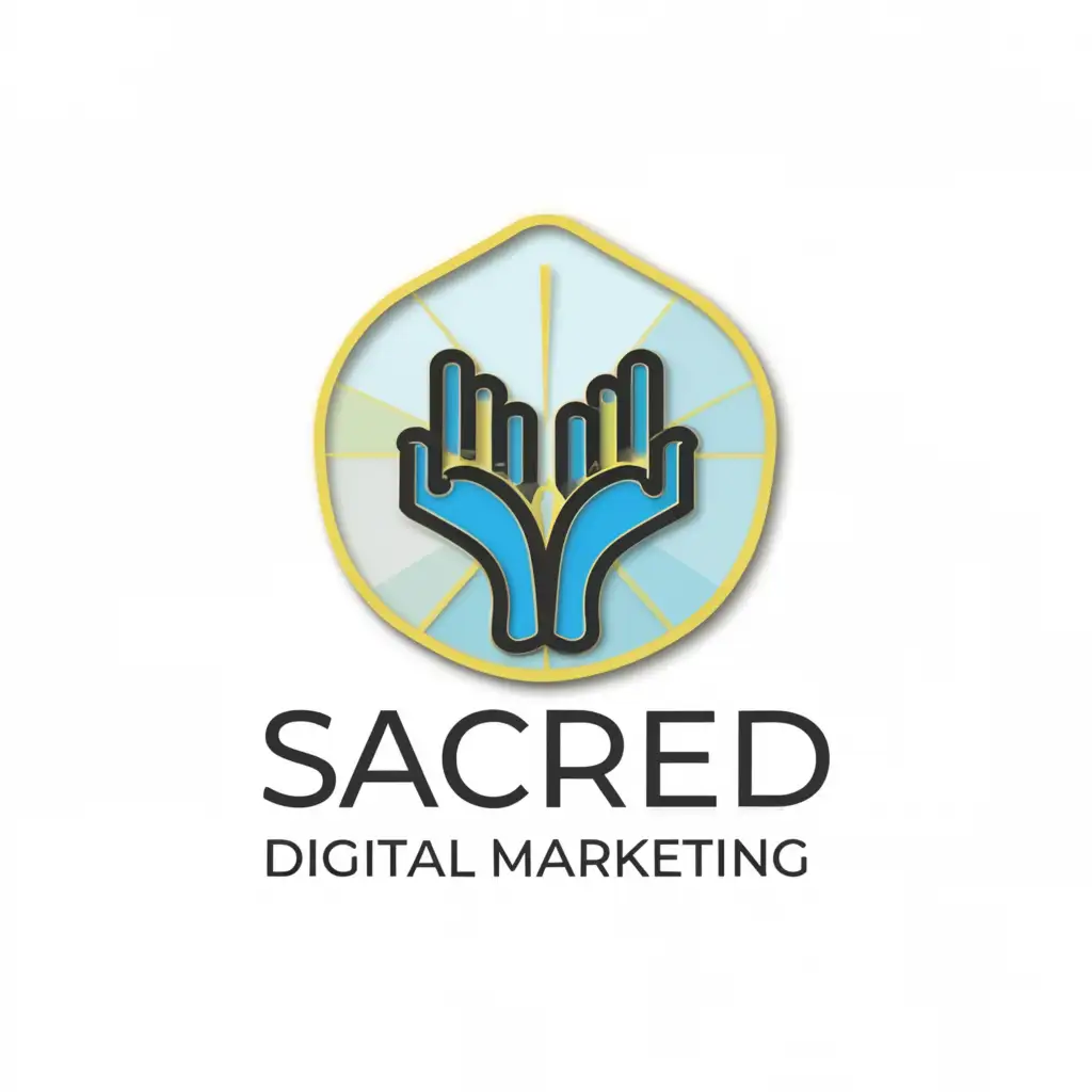 a logo design,with the text "Sacred Digital Marketing", main symbol:Computer component shaped into hands praying light powder blue and Sweden flag yellow,Moderate,clear background
