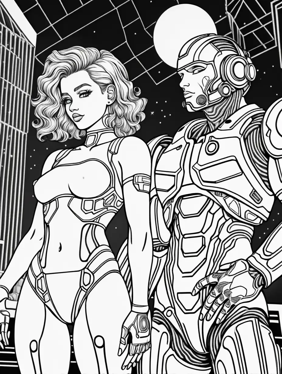 Adult coloring book, vaporwave, detailed male cyborg and female cyborg romantic, nightclub, rave  , outerspace galactic , Black and white, no shading, no color, thick black outline,