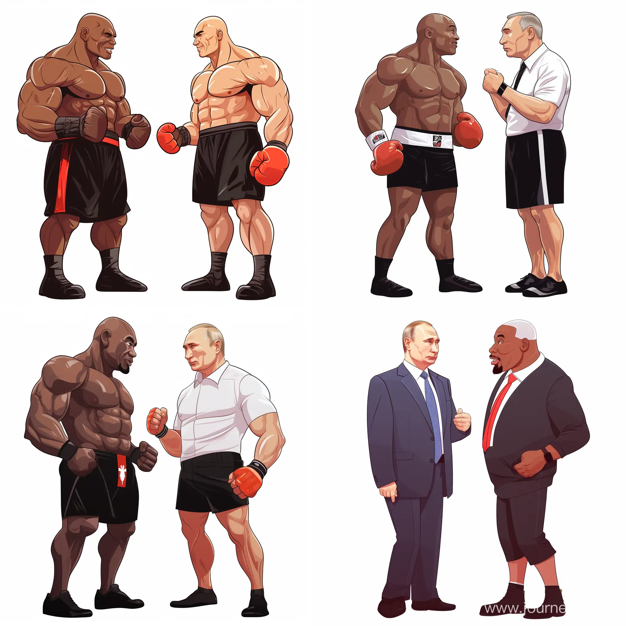 Mike Tyson, standing and talking with Putin, on a white background, in cartoon style, illustration