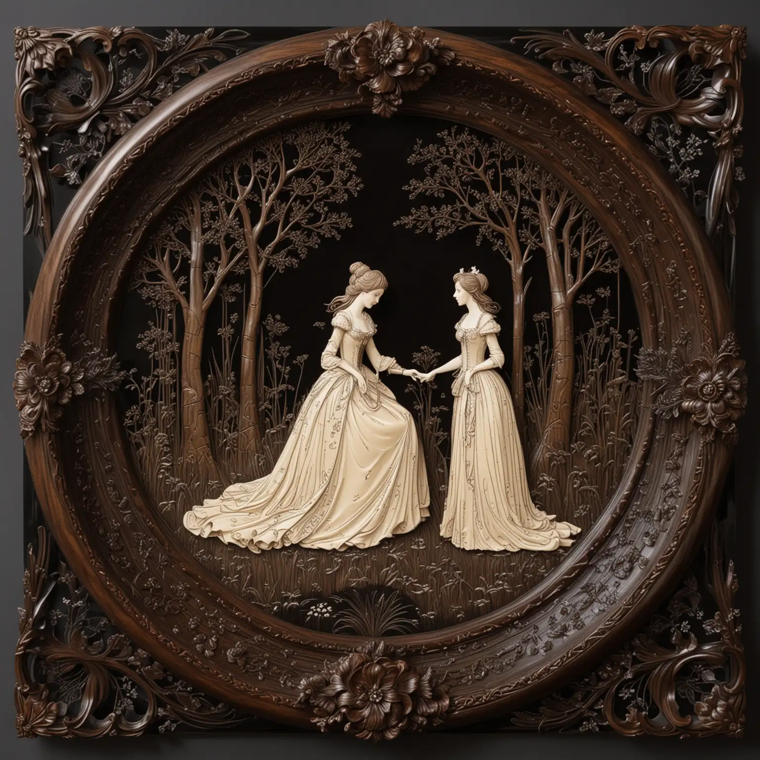 LACQUERED WOOD WITH A FINELY CARVED DARK WOOD LACQUER FRAME SURROUND, FEATURING A FINELY CARVED WOODEN SCENE FROM CINDERELLA IN THE STYLE OF AUBREY BEARDSLEY