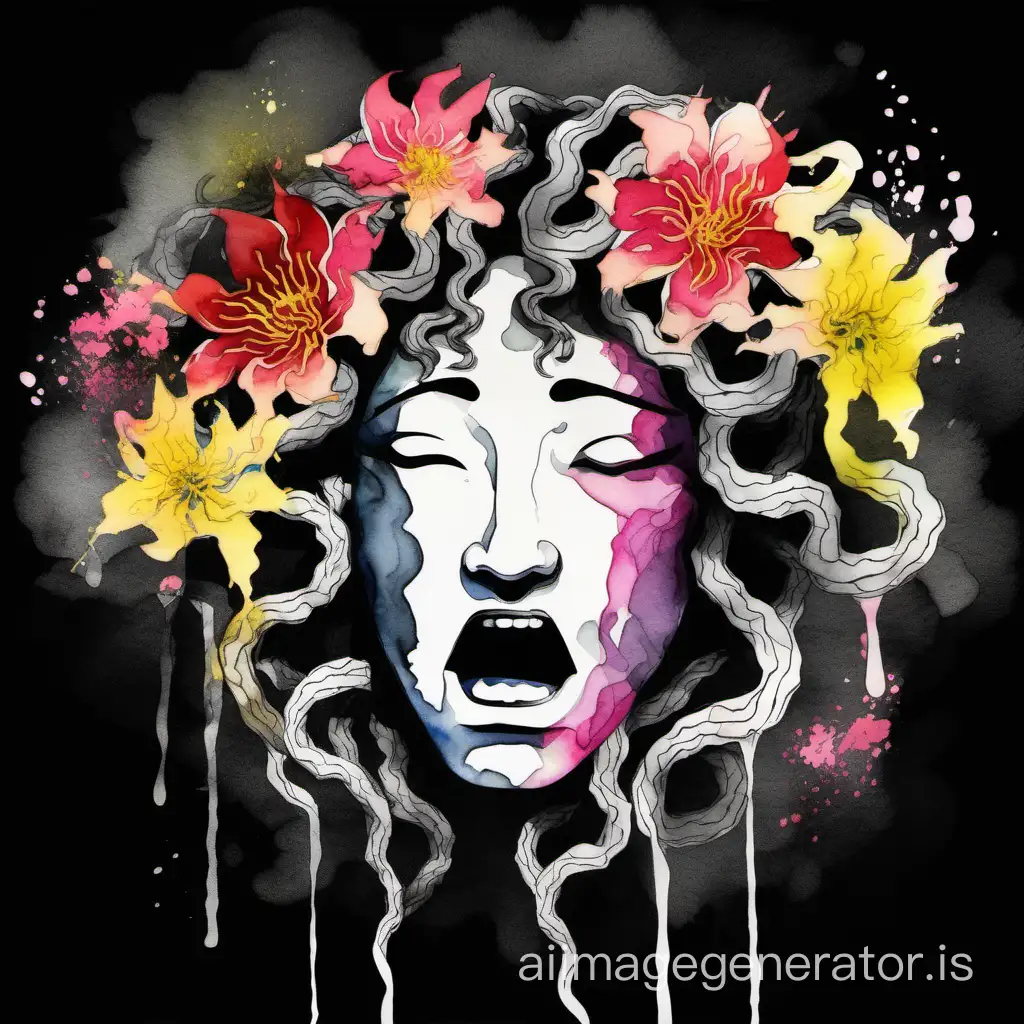 Abstract crying medusa head made of blossom, with worried expression, sumi-e japanese watercolor, color splash style, multicolor palette, black background 