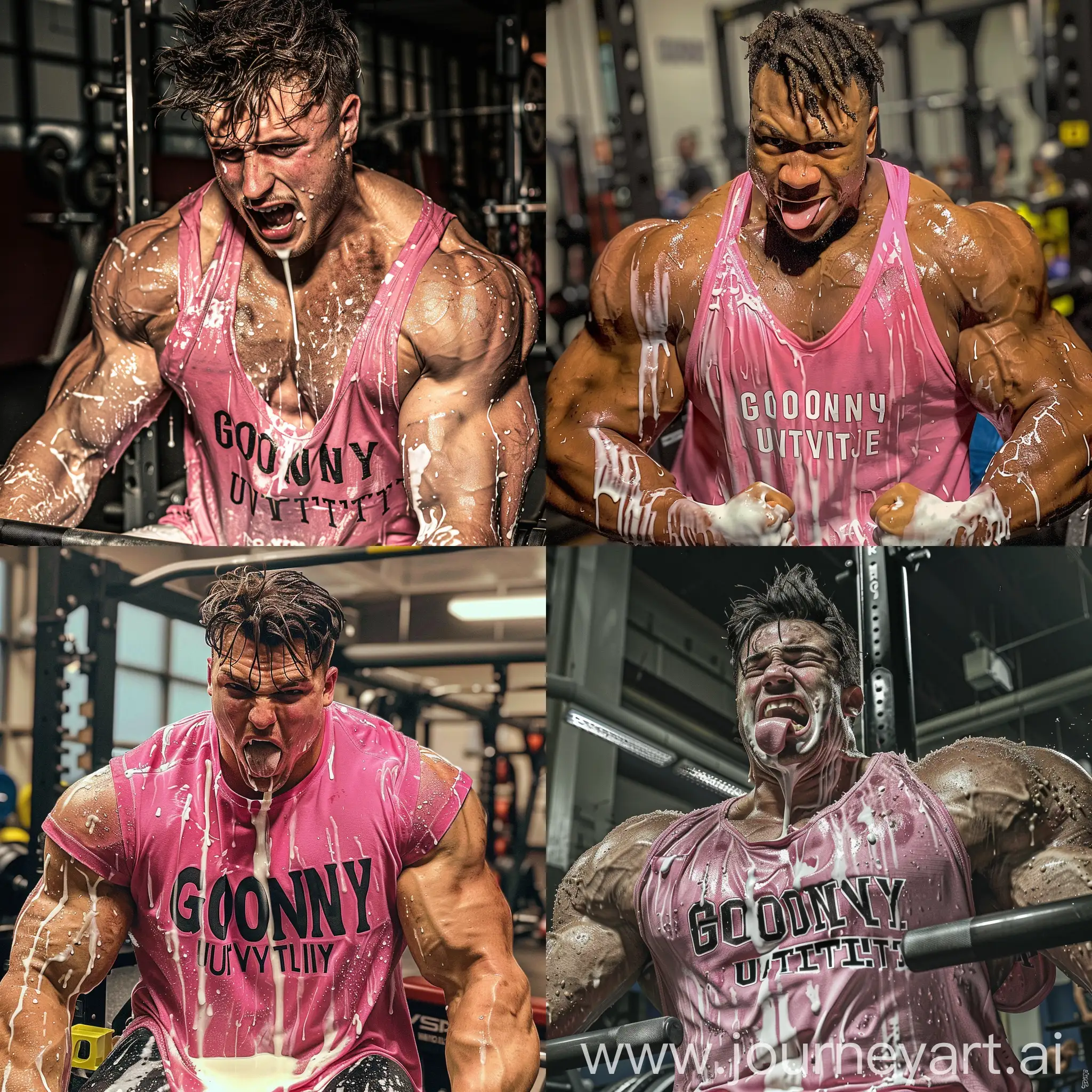 college football jock wearing a pink stringer that is soaked with sweat and says "goony university". He is in the gym on the bench press. The sweat has matted his hair. There is milk spilled all over him.
He is super ripped. He has a blank expression in his eyes but is grinning with his tongue hanging out.