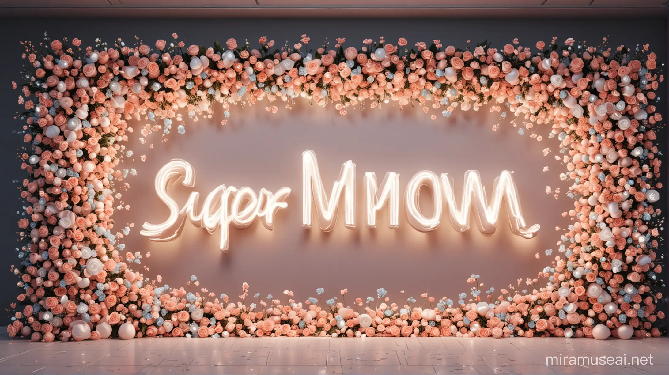 Cinematic Flower Wall with Super Mom Neon Sign in Hyperrealistic Pastel Tones