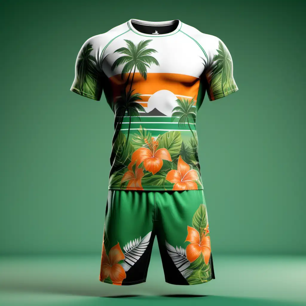 Design a muscular render of matching training t-shirt and mma shorts with tropical color palette like green & orange with hawaiian scenery

Design criteria:
- start with either solid white or transparent background
- add both the shirt and the shorts as seperate entities that do not touch eachother
- use an tropical color palette like green & orange
- use silouhettes of tropical plants and scenery rlated to hawaii in the clothe