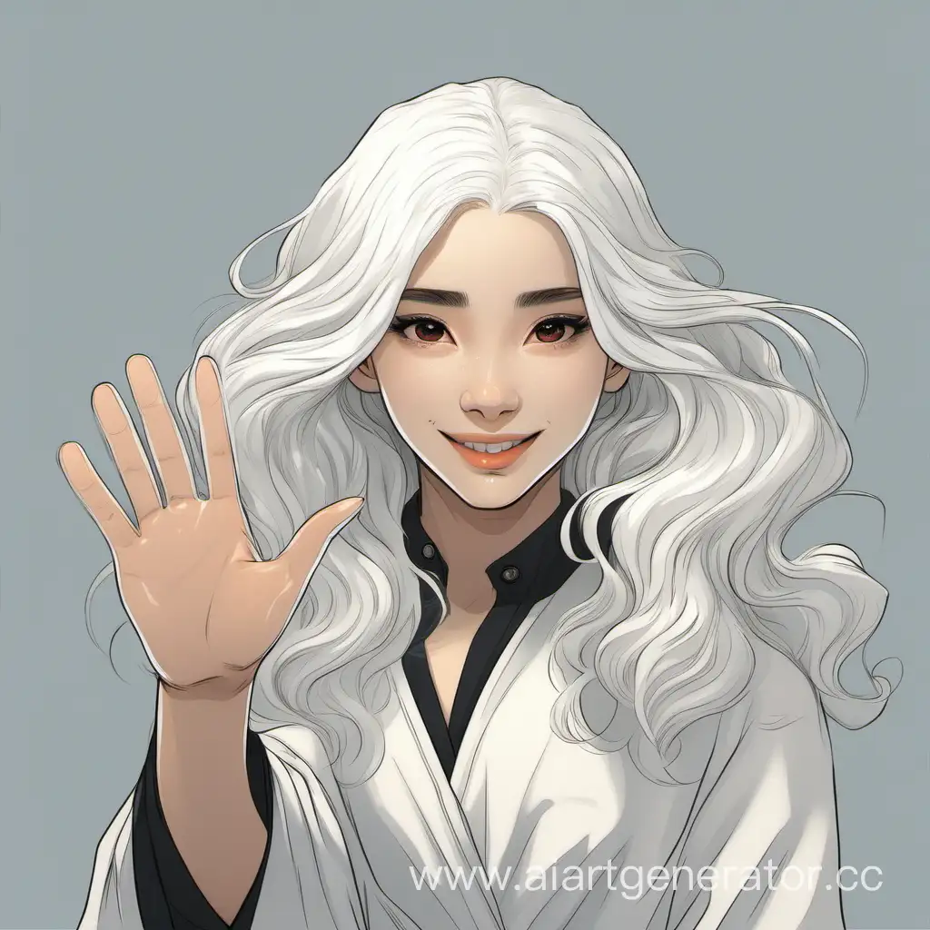 девушка с белыми волосами машет рукой, приветствуя
