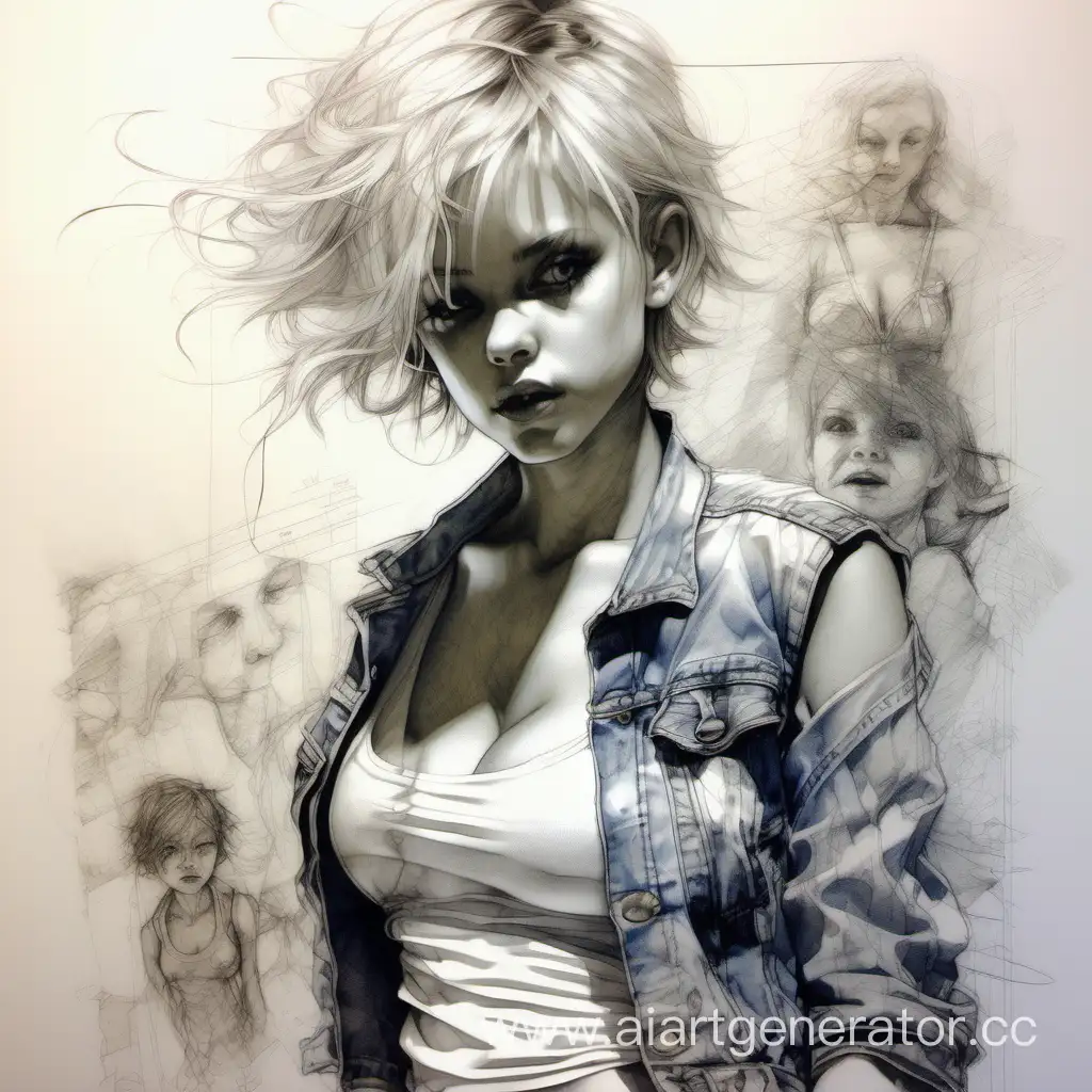 Stunning girl in bra and jeans jacket in  white short skirt, sleeveless , blonde, full body, perfect body, embarrassed expression, pencil sketch,blushing soft round face, short hair, intricate details, hyper detailed, Jean Baptiste Monge, Carne Griffiths, Michael Garmash, seb mckinnon