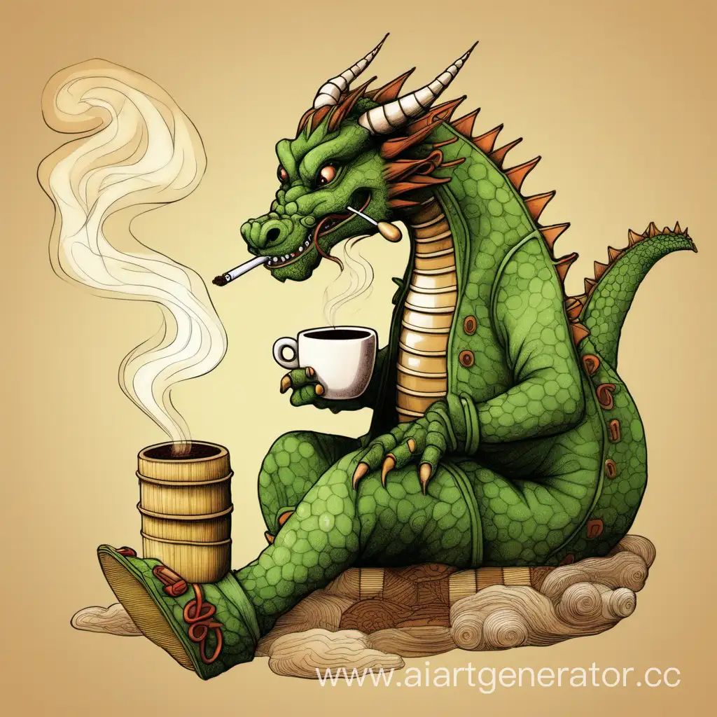 Whimsical-Coffee-Dragon-Wearing-Clogs-Smokes-Bamboo-Pipe