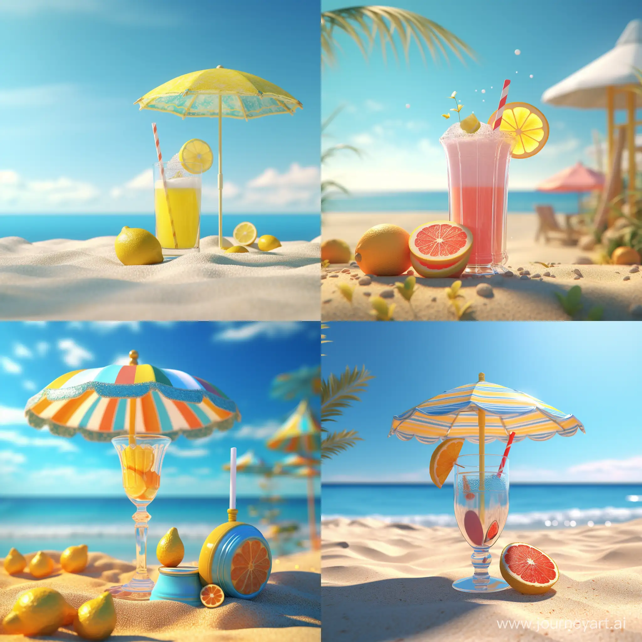 A beautiful lemonade glass with an umbrella lies on a sunny beach. 3D animation 