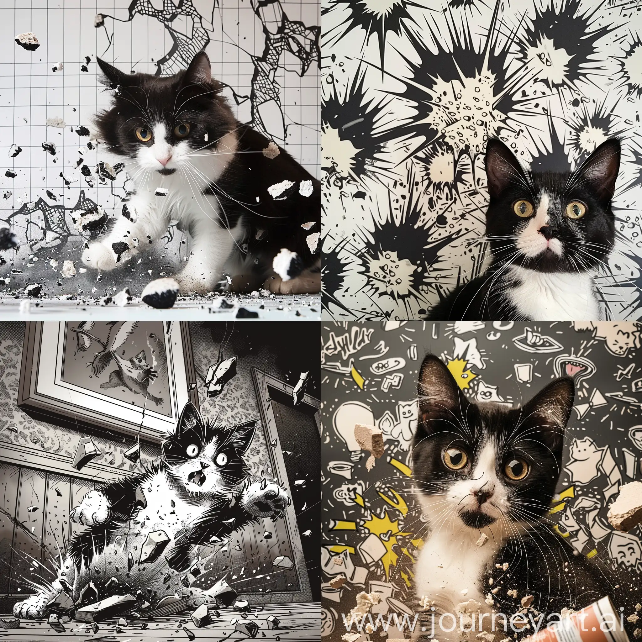 Playful-Monochrome-Cat-Creating-Chaos-with-Wallpaper