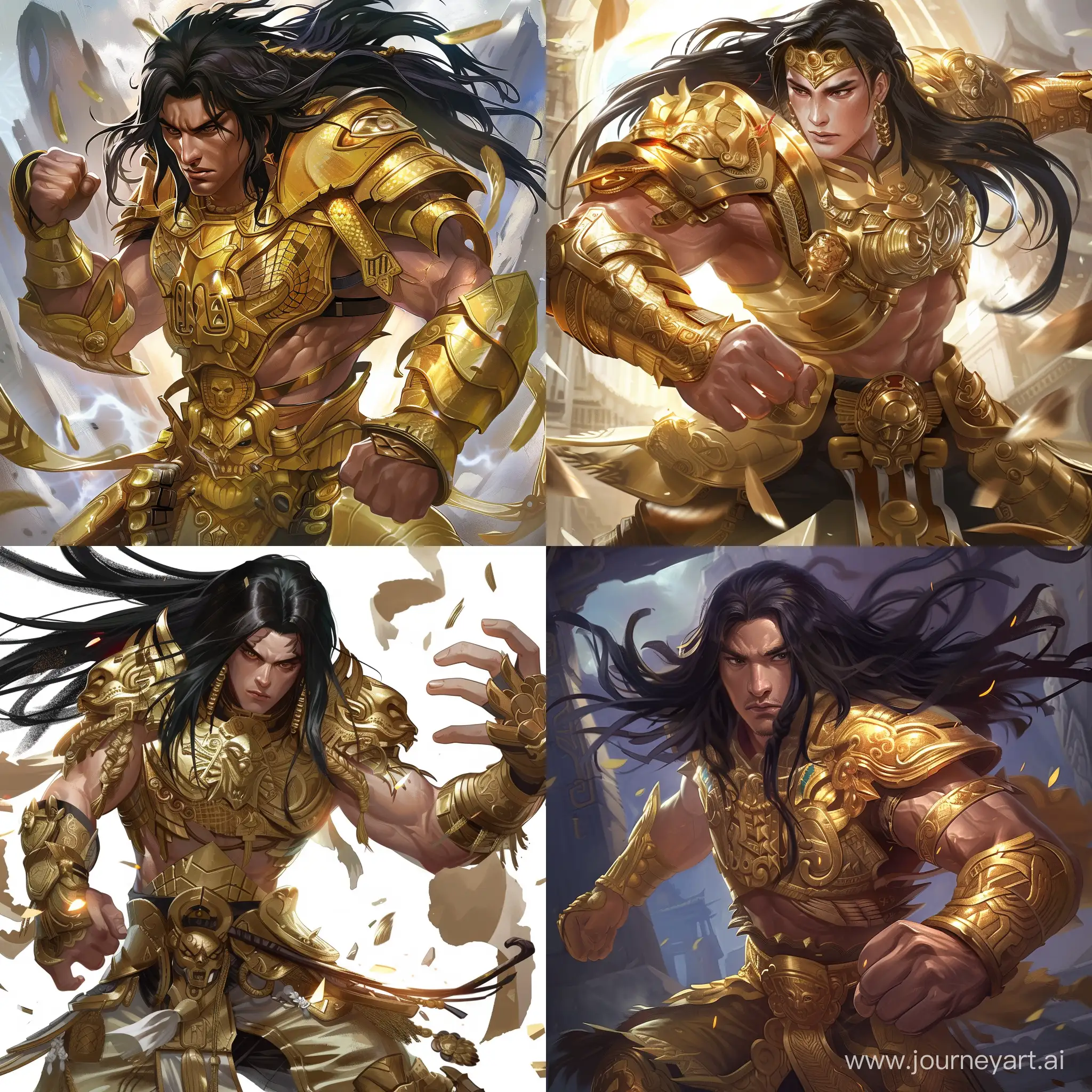 Aztec fighter in golden armor. In the artstyle of a chinese MMORPG. In the style of Tekken. He has long black hair and is ready to fight.